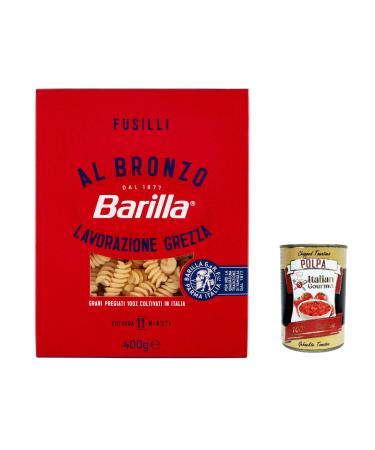 Italian Gourmet E.R. Barilla Fusilli al Bronzo Pack of 20 Bronze Extruded Pasta 400g Raw Processing Method + Italian Gourmet Polpa 400g