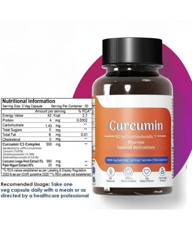 Organic Curcumin with Piperine (1500Mg Curcumin 95% Per Serving) Premium Turmeric Extract 60 Vegetable Capsules with Piperine (Pack of 1) - Buy Online on GoSupps.com