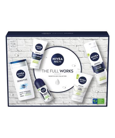NIVEA MEN The Full Works Gift Set (5 Pieces) Men's Gift Set Includes Shower Gel Face Wash Moisturiser Anti-Perspirant Roll-On and Shaving Foam