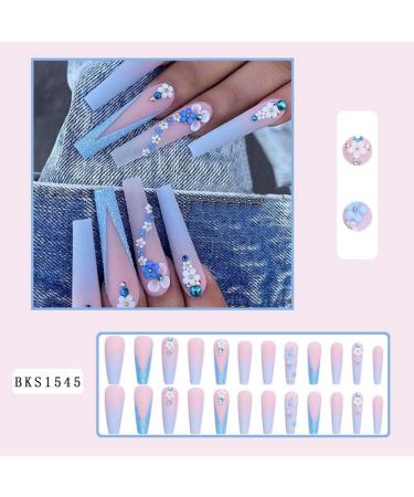 qazaa 24Pcs Pink Blue Gradient Camellia False Nails Long Coffin Nail Tips Detachable Press on Nails Manicure Glitter Nails - Buy Online on GoSupps.com