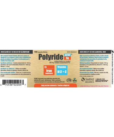 Polyride Fe Ultra 350mg Polysaccharide Iron Complex - Energy Support for Iron Deficiency Anemia - 125mg Vitamin C, 1000mcg Vitamin B12 - 100 Capsules - Buy Online on GoSupps.com
