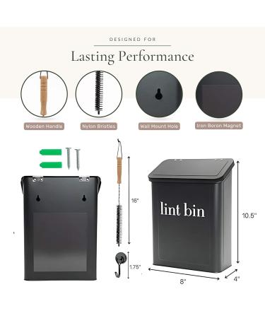 Magnetic Lint Bin for Laundry Room - Matte Black Lint Trash Can with Brush & Hook | Modern Dryer Lint Storage - Buy Online on GoSupps.com