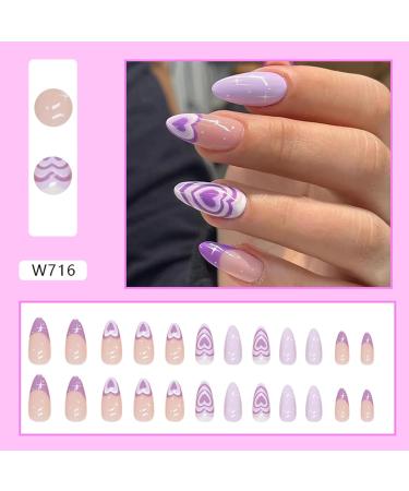 24 Pcs Almond Medium Long French Press on Nails with Purple Heart Design - Manicure Tool Kit Included - Buy Online on GoSupps.com