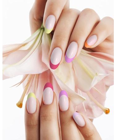 Justotry 24 PCs Rainbow French Nails - Press-On Oval & Almond Fake Nails with Glue | Medium Nail Art for Women - Buy Online on GoSupps.com