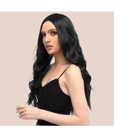 Fine Long Corrugated Black Wig for Women | Medium Part Curly Wavy Synthetic Hair Wig - 60 cm for Daily & Party Use - Buy Online on GoSupps.com