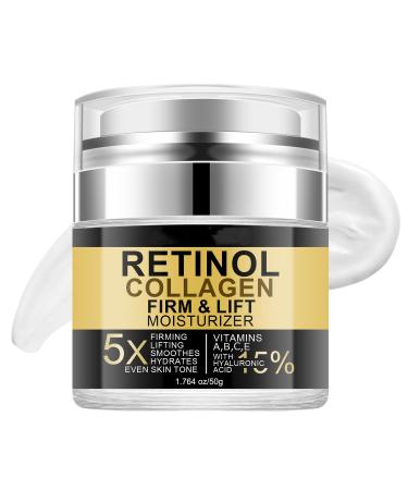 Retinol Collagen Firm & Lift Moisturizer for Face & Neck Day & Night Anti Aging Facial Cream with Hyaluronic Acid Vitamins A B C E Tightening Lifting Hydrating Smooth Texture for Women Men 1.764 oz