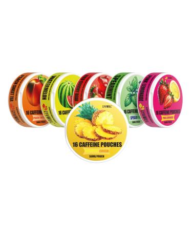 LyvWel 56mg Caffeine Energy Pouches Pineapple Pink Lemonade Peach Watermelon Spearmint Red Gummy Clean Energy & Focus Boost with Guarana 6-Pack (96 Total Pouches)