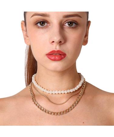 Aimimier Bridal Layered Pearl Choker Necklace Chunky Cuban Link Chain Necklace Vintage Pearl Necklace Prom Party Festival Statement Jewelry for Women and Girls Gold