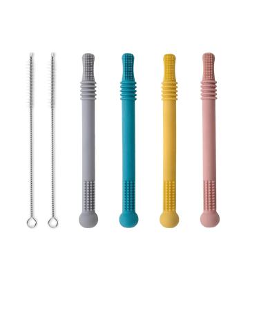 Danneeforsu7 4 pieces baby bite tube silicone bass ring baby hollow hollow -straw toddler small tooth toys safe chewing molars with 2 cleaning brushes for toddlers girls boys
