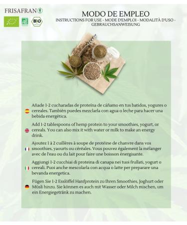  FRISAFRAN FRISAFRAN | Organic Hemp Protein Powder 500g | Vegetable Protein | Raw | Ground Hemp | Superfood | Omega 3 | 100% Natural | Gluten Free Additives | Protein Powder | Fiber | Organic Hemp - Buy Online on GoSupps.com