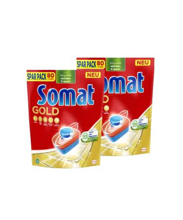 Somat Gold Dishwasher Tablets (2 x 80 Tabs) Dishwasher Tablets for Radiantly Clean Dishes Even at Low Temperatures Extra Power Against Burnt-In Food 80 Count (Pack of 2)