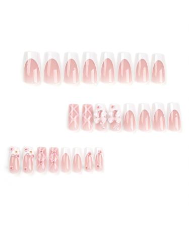 White French Tip Press on Nails - Medium Long Acrylic Fake Nails with 3D Bow Pearls & Flower Charms - Full Cover Glossy Stick on Nails for Women | 24 Pcs - Buy Online on GoSupps.com