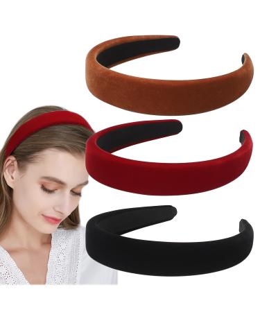 Etercycle 3Pcs Velvet Headbands for Women  Wide Headband for Women  Hair Accessories for Daily Wearing  Dating  Sports  Yoga (Black  Brown  Red)