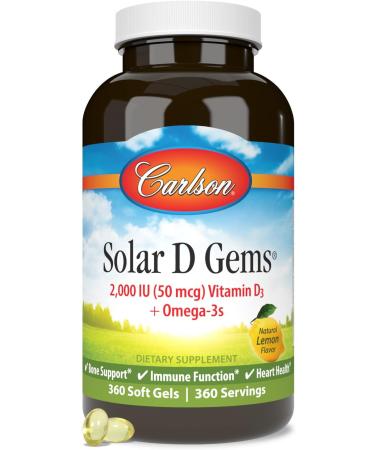 Carlson - Solar D Gems Vitamin D3 and Omega-3 Supplement 2000 IU (50 mcg) Vitamin D3 115 mg Omega-3s EPA and DHA Supplement Wild Caught Sustainably Sourced Lemon 360 Softgels - Buy Online on GoSupps.com