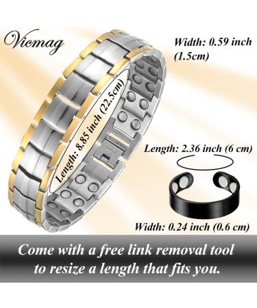 Vicmag Men Magnetic Bracelet | Titanium Steel | Double Row 3500 Gauss | Adjustable Wristband | Jewelry Gift Box | Silver Gold - Buy Online on GoSupps.com