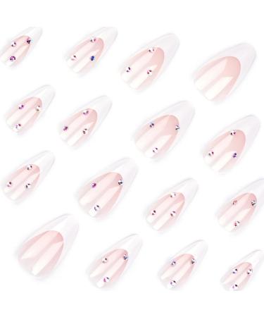 Medium length simple French white dot diamond sparkling diamond almond shaped false nails French Tip Press on Nails with Nail Tips Acrylic False Nails Cute Artificial Nails for Women and Girls - Buy Online on GoSupps.com