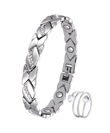 Jecanori Titanium Steel Magnetic Bracelets for Women Women Magnetic Wristband and Magnetic Rings with Ultra Strength Magnets Brazaletes with Removal Tool and Jewelry Gift Box C-silver