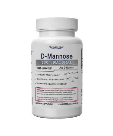 Superior Labs  Best D-Mannose NonGMO Additive Free Dietary Supplement  500mg, 120 Vegetable Capsules  Powerful Prebiotic  Boosts Urinary Tract Health  Supports Digestive Health & Liver Function