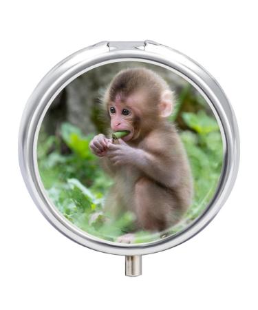 Small Travel Pill Case Round Metal Pill Box for Pocket Purse 3 Compartment Portable Pill Holder Mini Pill Organizer for Travel or Daily - Monkey