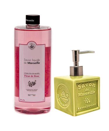 Maison Du Savon De Marseille liquid soap Rose with greenolive ceramic soap dispenser refill pack 1 liter and dispenser 300 ml