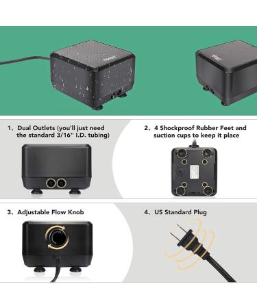 Buy Hygger Quietest Aquarium Air Pump - Adjustable 2 Air Outlets 5W/10W Ultra Quiet Aerator for Optimal Oxygen Supply - Buy Online on GoSupps.com