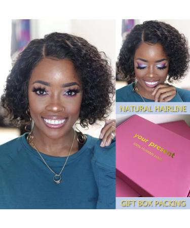 HUA Brazilian Human Hair Kinky Curly Bob Wig for Black Women - 10 Inch I Part Lace Glueless Wig - Buy Online on GoSupps.com