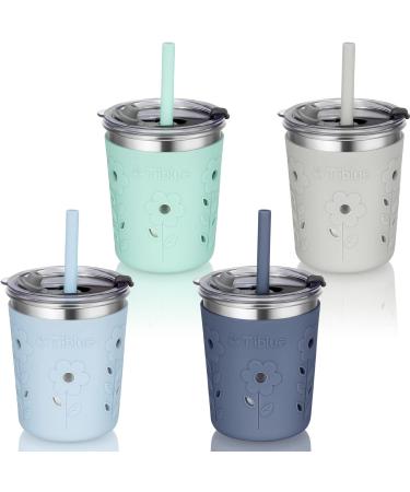 Tiblue Kids & Toddler Cups - 4 Pack 8oz Spill Proof Stainless Steel Tumblers with Leak Proof Lids Silicone Straw with Stopper & Sleeve - BPA FREE Snack Smoothie Drinking Cups for Baby Girls Boys Coastal 4