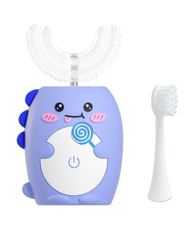 Electric Toothbrush for Kids 2-8 Years, IPX7 Waterproof, Easy to Clean U-Shaped Silicone Brush Head, Ultrasonic Automatic Tooth Brush with 3 Modes for Boys(Blue) Dinosaur-blue
