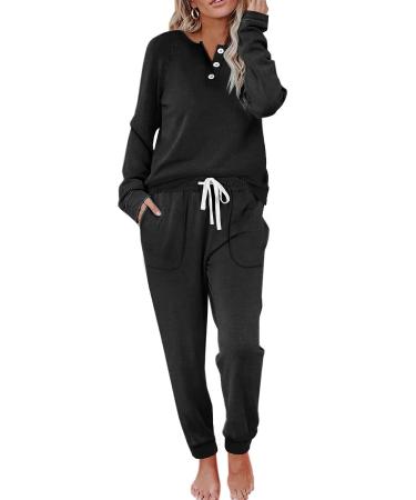 WIHOLL Two Piece Outfits for Women Lounge Sets Button Down Sweatshirt Sweatpants Sweatsuits Set with Pockets Medium Long Sleeve - Black