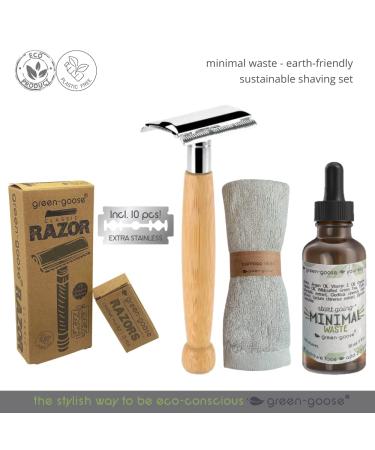 Buy Green-Goose Shaving Set | Classic Bamboo Razor & Organic Shaving Oil | Eco-Friendly Gift | 10 Razor Blades & Bamboo Cloth - Buy Online on GoSupps.com
