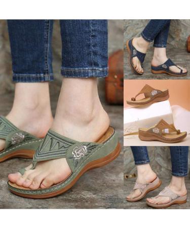 Women's Embroidered Wedge Sandals - Comfortable & Fashionable Summer Casual Slippers for Beach & Travel | Green & Brown (EU Sizes 36 & 37) - Buy Online on GoSupps.com