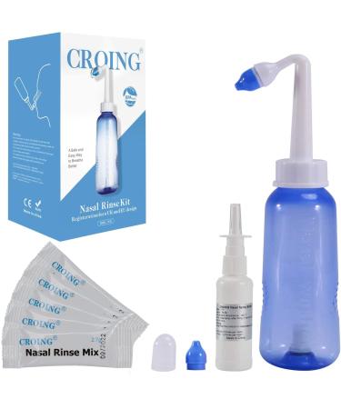 Croing Neti Pot Sinus Rinse Nasal Wash Bottle Sinus Rinse Bottle Allergy Cleaner Pressure Irrigation Neti-Pot with Nasal Spray Bottle for Adult & Kid BPA Free(300ml with 40 Nasal Wash Salt Packets)