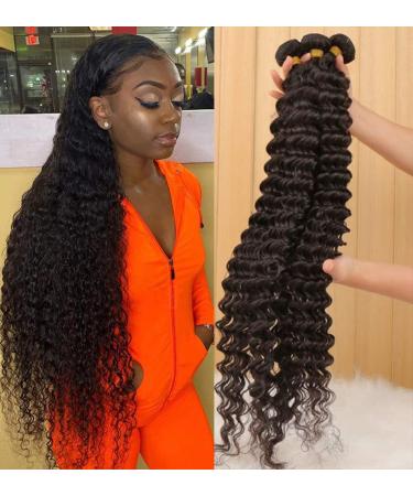 Brazilian Deep Wave Human Hair Bundles 9A 100% Unprocessed Virgin Remy Hair Deep Curly Human Hair Weave 3 Bundles Extensions for Black Women Natural Color 18 20 22 18 20 22 Deep wave bundles