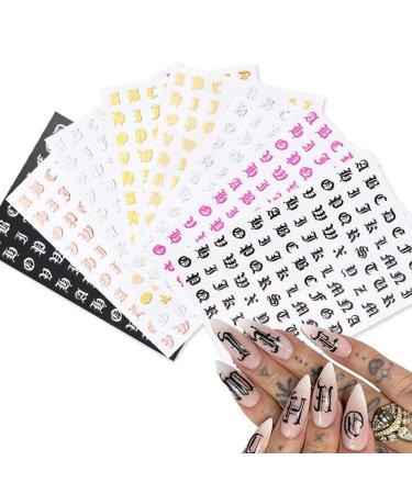 Letter Nail Art Stickers Alphabet Nail Decals Nail Art Supplies 3D Holographic Old English Character Self-Adhesive Sticker Glitter Design for Acrylic Nails Decorations Accessories 8 Sheets
