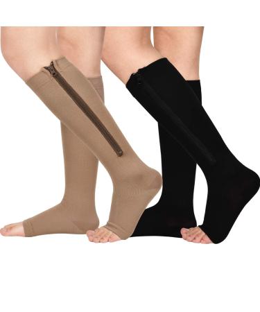 LighSele 2 Pairs Zipper Compression Socks 15-20 mmHg for Men Women, Open Toe Multicolor Large-X-Large