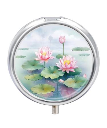 Pill Box Pill Case 3 Compartment Travel Pill Box Beautiful Lotus Flowers Printing Small Pill Box Portable Medicine Pill Case Pill Organizer for Purse & Pocket for Travel Handbag (Round)
