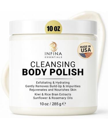 Exfoliating Body Scrub Polish 10 oz - Moisturizing & Hydrating Body Exfoliator with Kiwi & Rice Bran Extract Gentle Cleansing Polish Scrub for Smooth & Nourished Skin by INFINA ESSENTIALS