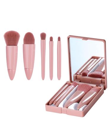 Travel Makeup Brush Set with Mirror 5PCS Mini Make up Brushes Pink