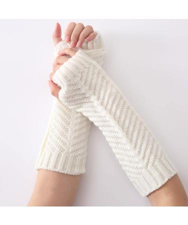 Autumn & Winter Fishbone Warm Gloves | Knitted Wool Fingerless Sleeves for Men & Women | Stylish White - Buy Online on GoSupps.com