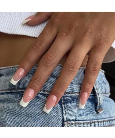 French Tip False Nails Acrylic White Press On Nails Medium Long Coffin Stick on Nails 24pcs Nails Ballet Fake Nails with Glue Sticker for Women and Girls (Long French Style)