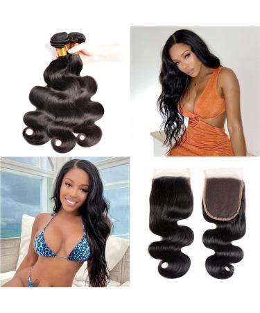 Brazilian Body Wave Human Hair Bundles with Closure | 3 Bundles + 4x4 Lace Closure (14 16 18+12) | 100% Unprocessed Virgin Hair | Free Part Natural Color - Buy Online on GoSupps.com