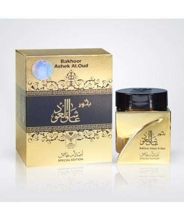 Almas Perfumes Incense Bakhoor Ashek Al Oud Special Edition - 30G of Authentic Arabic Wood Chip Bakhoor Incense - Aroma Lasts All Day Long - Perfect for Prayer Namaaz Ceremony Meditation Oudh lover Gold