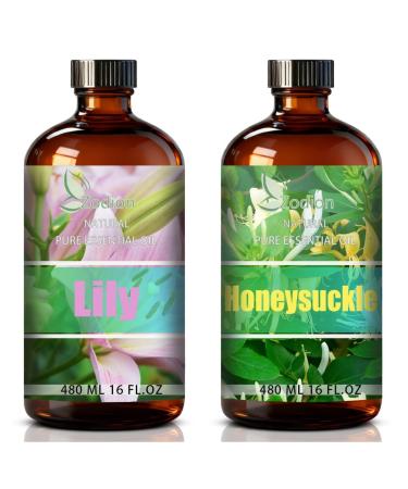 Honeysuckle Essential Oil 16 Fl Oz and Lily Essential Oil 16 Fl Oz - Honeysuckle & Lily Oil for Diffuser Aromatherapy Home Fragrance Skin & Hair Care DIY Candle & Soap Making Yoga