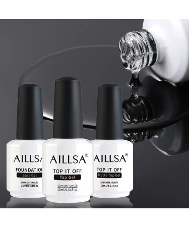 AILLSA Base and Top Coat Set for Gel Nail Polish, 3 Pcs 15ml Anti-scratch No Wipe Matte&Mirror Gloss Top Coat and UV LED Soak Off Base Coat Long-Lasting for Nail Art Home DIY Base and Top Coat Set 3PCS