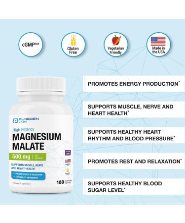 Puregen Labs Magnesium Malate 500mg | High Potency Elemental Magnesium | 180 Veggie Caps Superior Absorption Non-GMO NO Gluten and Dairy Supports Muscle Joint and Heart Health - Buy Online on GoSupps.com