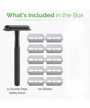 Double Edge Safety Razor | Eco-Friendly Metal Shaver with 10 Platinum Blades | Reusable Travel Friendly | Perfect for Men & Women (Black - Buy Online on GoSupps.com
