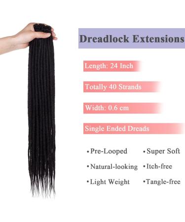Leeven 24 Black Dreadlock Extensions - 40 Strands Soft Reggae Braid Locs | Synthetic Handmade Crochet Locs - 24 Inch - Buy Online on GoSupps.com