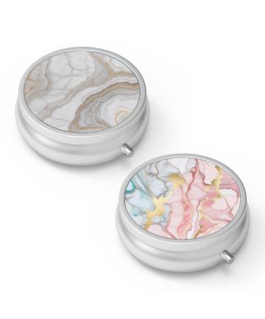 Pill dose 3 compartments Medicine Pill dose portable pill box for bag or wallet Pillendose Decorative Metal Medicine Vitamin Organizer Unique Gift (2 pieces) Set-2-Gray Marbling Gold+Orange Pink Marble 2 pieces