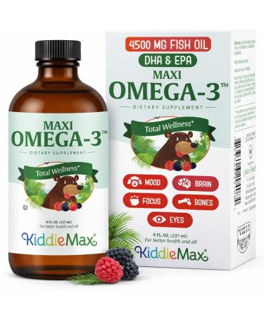 Maxi Health Omega 3 for Kids Supplement Kosher Omega 3 Kids Fish Oil Liquid with DHA & EPA Liquid Fish Oil Supplement with Fruity Burst Flavor to Support Mood Brain Focus Bones & Eyes (8 oz) 8 Fl Oz (Pack of 1)