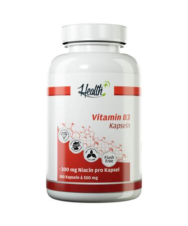 Health+ Vitamin B3 - 180 capsules with 300 mg niacin per capsule high-dose B3 vitamin capsules in flush-free form Made in Germany